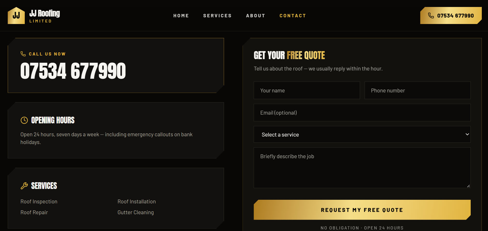 JJ Roofing contact page designed by Yusuf Hussein